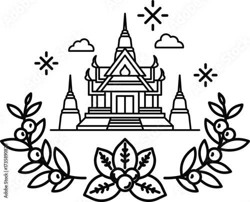 A drawing of a building with a wreath around it