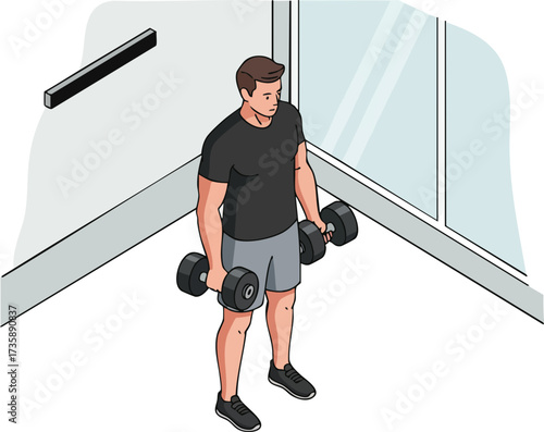 Isometric Active Man Doing Dumbbell Exercise for Bicep Curl in Gym