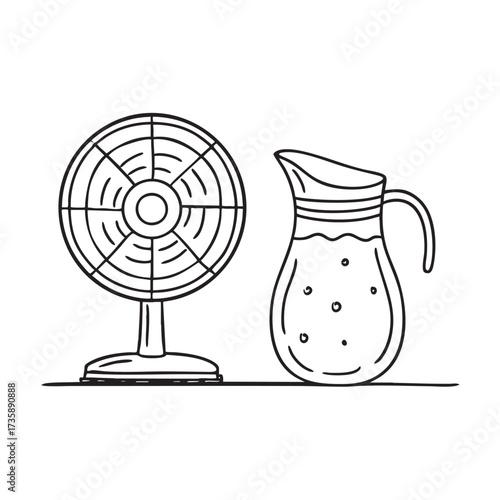 A water jug beside a fan standing on the floor