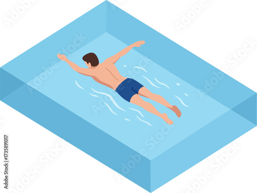 Isometric Man Swimming Backstroke in Clear Blue Pool Illustration