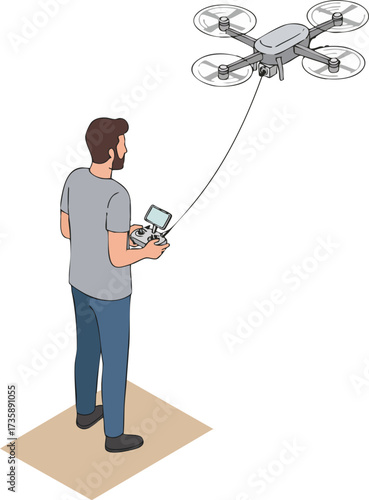 Simple Handdrawn Man Controlling Drone with Remote Control Illustration