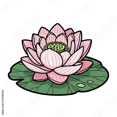 Beautiful pink lotus flower with delicate petals and green leaf with water droplets