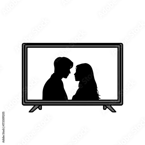 Silhouette man and woman looking at each other romantically on television screen
