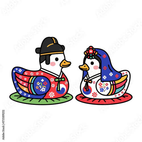 Pair cute cartoon ducks dressed in traditional korean hanbok attire, symbolizing wedding couple
