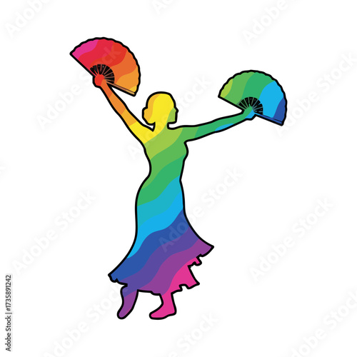 Silhouette flamenco dancer with colorful rainbow fans