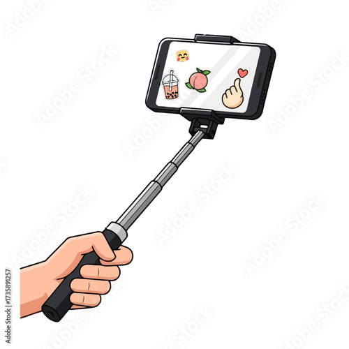 Hand holding selfie stick with smartphone displaying cute stickers like peach and heart