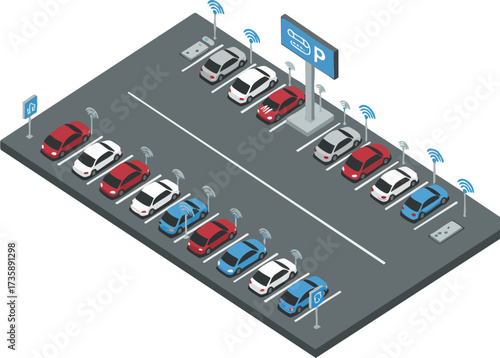 Isometric Parking Lot Illustration with Cars and Wireless Connectivity Technology System