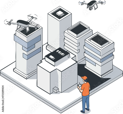 Isometric Illustration of Modern Cityscape with Drone Delivery and Pilot