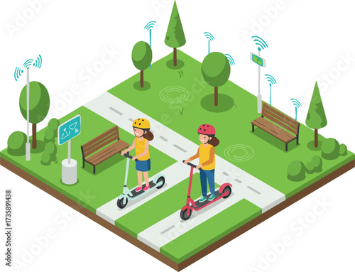 Isometric Illustration Two Girls Riding Electric Scooter in City Park Scene