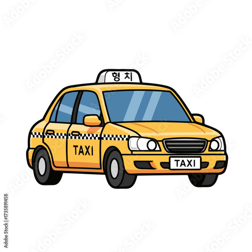 Yellow taxi car with checkered pattern and taxi sign on top
