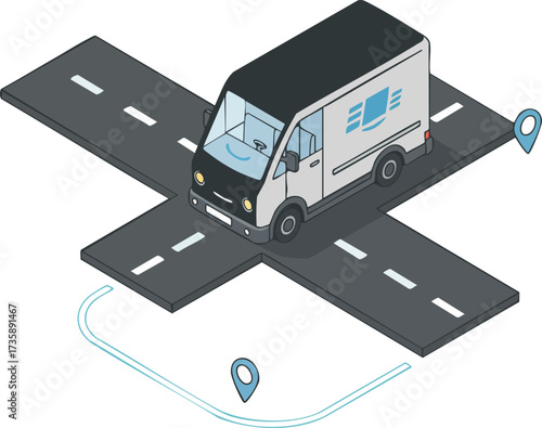 Isometric Delivery Van at Crossroads with GPS Marker Navigation Graphic Illustration