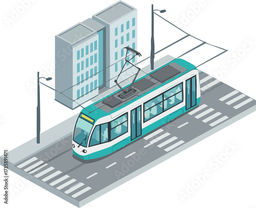 Isometric Detailed City Tramway Public Transportation Vehicle with Building