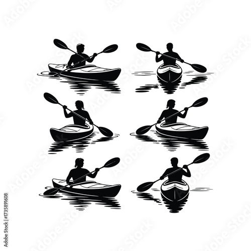 Six Black Silhouettes of People Kayaking,  Vector Illustration of Canoeing