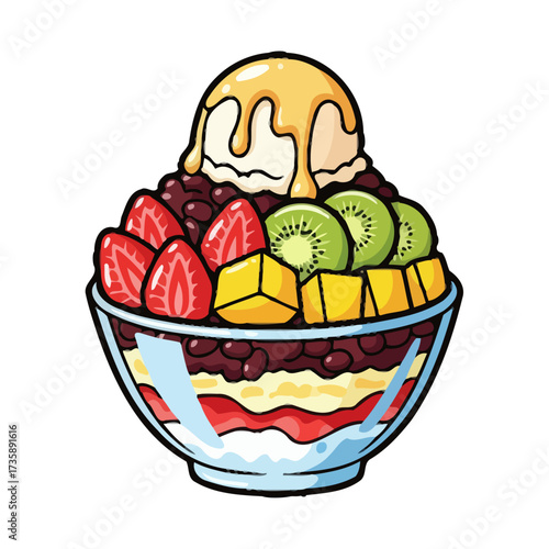Delicious bowl shaved ice dessert topped with ice cream, strawberries, kiwi, and mango