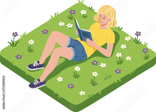 Isometric Blond Girl Reading Book on Green Grass Illustration