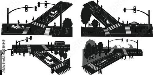 Urban crosswalk scenes with traffic lights, cars, pedestrians, road safety illustration for city infrastructure concept
