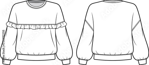 Flat sketch sweatshirt CAD vector, ruffle detail pullover top fashion template, puff sleeve crewneck shirt apparel technical drawing design