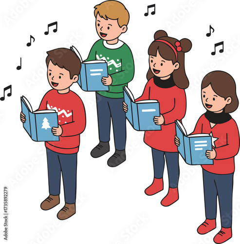 Flat Illustration Group of Children Singing Christmas Carol Together Illustration