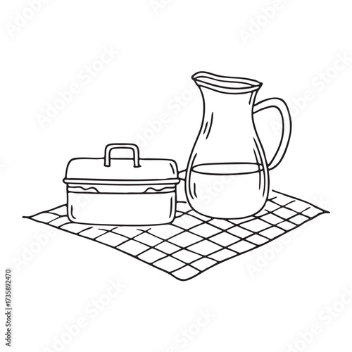 A water jug next to a lunchbox on a picnic mat