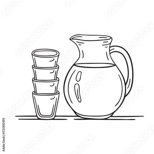 A water jug placed beside a stack of empty glasses on the table