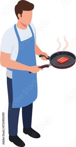 Isometric Man Cooking Steak In Frying Pan Cuisine Illustration