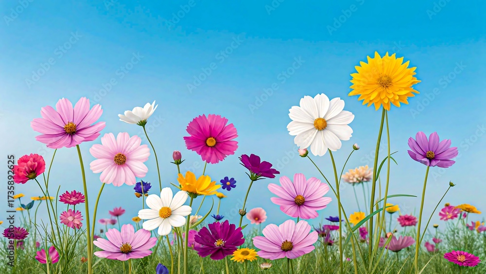 Fototapeta premium Colorful wildflowers blooming in spring meadow under blue sky 