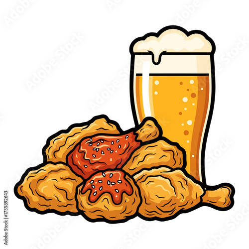 Pile crispy fried chicken pieces next to tall glass frothy beer