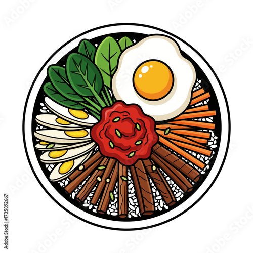 Delicious and colorful bibimbap, korean mixed rice dish, served in bowl with various toppings and fried egg