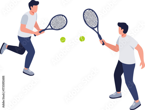Flat Style Man Playing Tennis Match with Racket and Ball Illustration