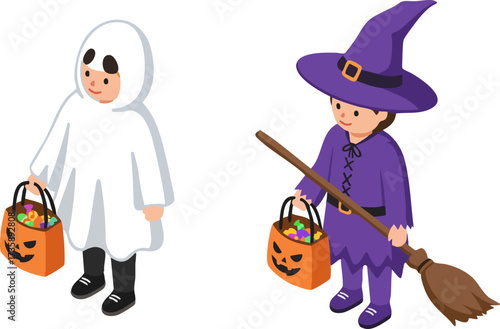 Cute Cartoon Child in Ghost and Witch Costume for Halloween Celebration