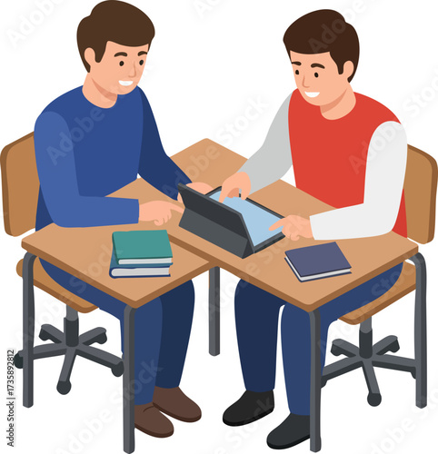 Isometric Two Students Collaborating on a Digital Tablet at School Desk