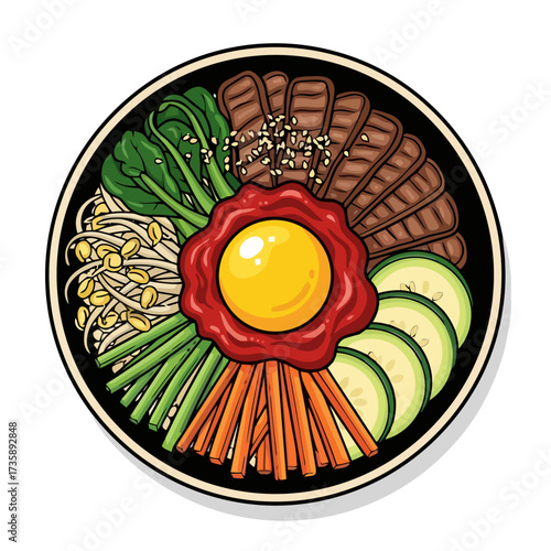 Delicious korean bibimbap dish served in bowl with rice, vegetables, meat, and fried egg