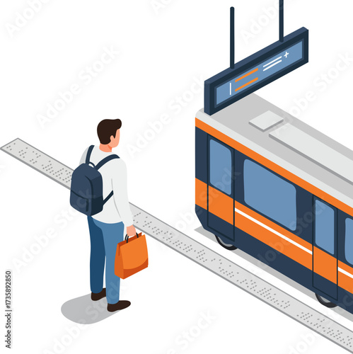 Isometric Modern Passenger Train Arriving at the Station with Traveler Illustration