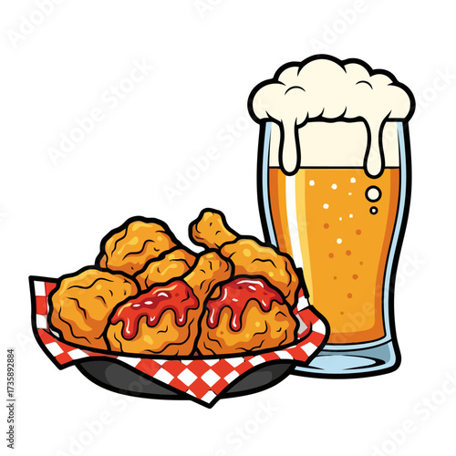 Crispy fried chicken pieces served in basket with glass frothy beer