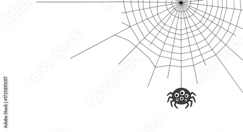 A small spider is descending from its web on a thin thread.