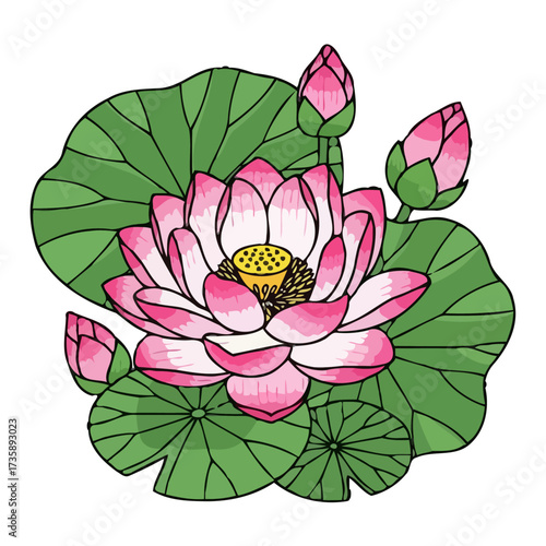 Vibrant pink lotus flower in full bloom, surrounded by large green leaves and several unopened buds, symbolizing purity, enlightenment, and beauty in nature