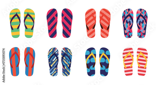 A colorful collection of flip flops arranged in two rows.