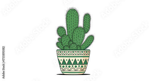 A potted prickly pear cactus in a decorative planter on a white background.