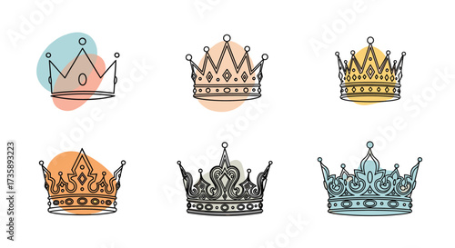 Illustrations of royal crowns with colorful watercolor splashes.