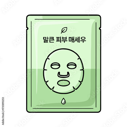 Green sachet facial sheet mask with korean text and cartoon face, isolated on transparent, signifying skincare and beauty treatment