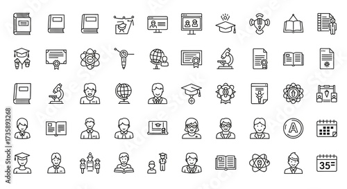 Collection of education and learning icons, isolated on white background