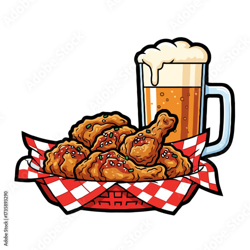 Basket crispy fried chicken wings and drumsticks served with tall glass frothy beer