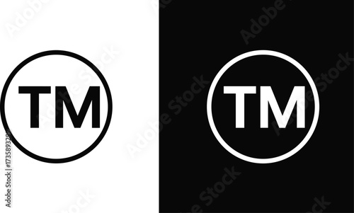 Trademark symbol vector illustration, circle TM logo icon, legal brand protection design, intellectual property sign, black and white business rights graphic