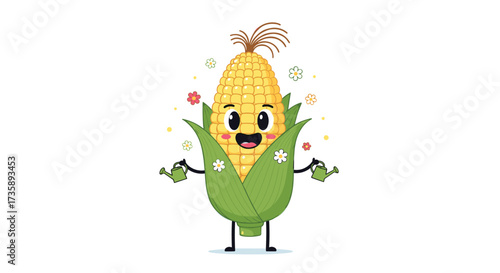 A cheerful cartoon character of a corn cob with eyes and a mouth
