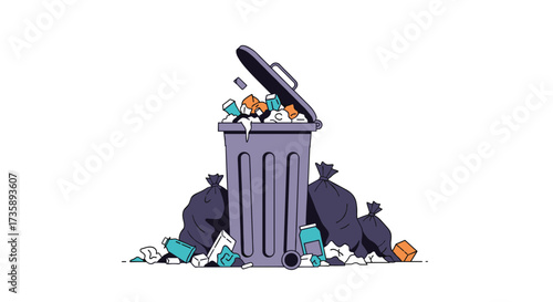 Overflowing trash can with garbage bags and debris.