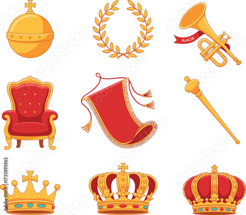 Cartoon royal object illustration set, vector drawing of crowns, throne, scepter, orb, banner, and fantasy symbols for ceremonial content