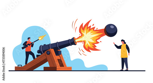 Two people firing a historic cannon at a target.