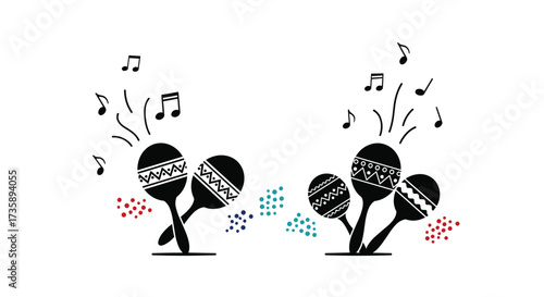 Musical maracas with bursting confetti and swirling musical notes.
