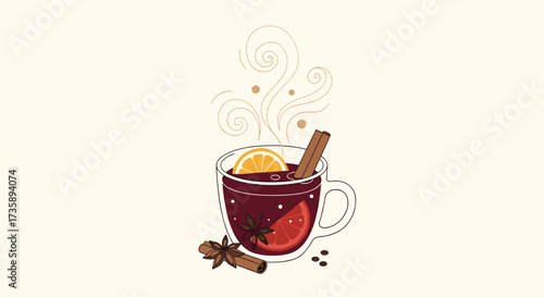 A warm mug of mulled wine with cinnamon and orange slice.