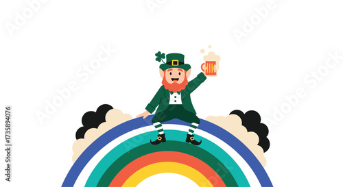 A cheerful leprechaun atop a vibrant rainbow holding a frothy beer.